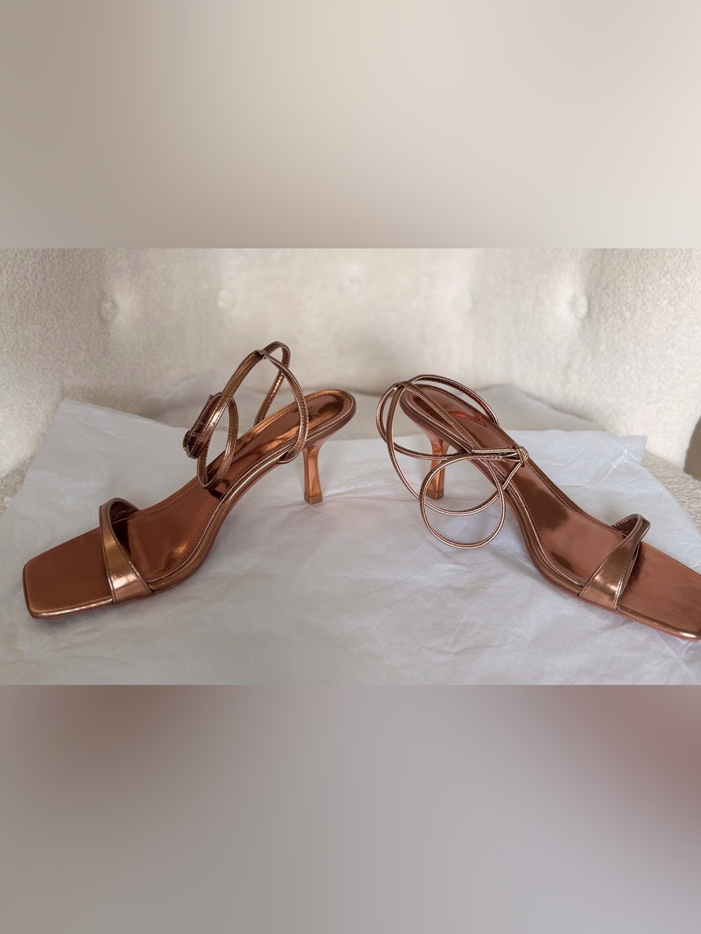 Bronze Mango Metallic Bronze Ankle-Tie Square-Toe Sandals (Worn Once)